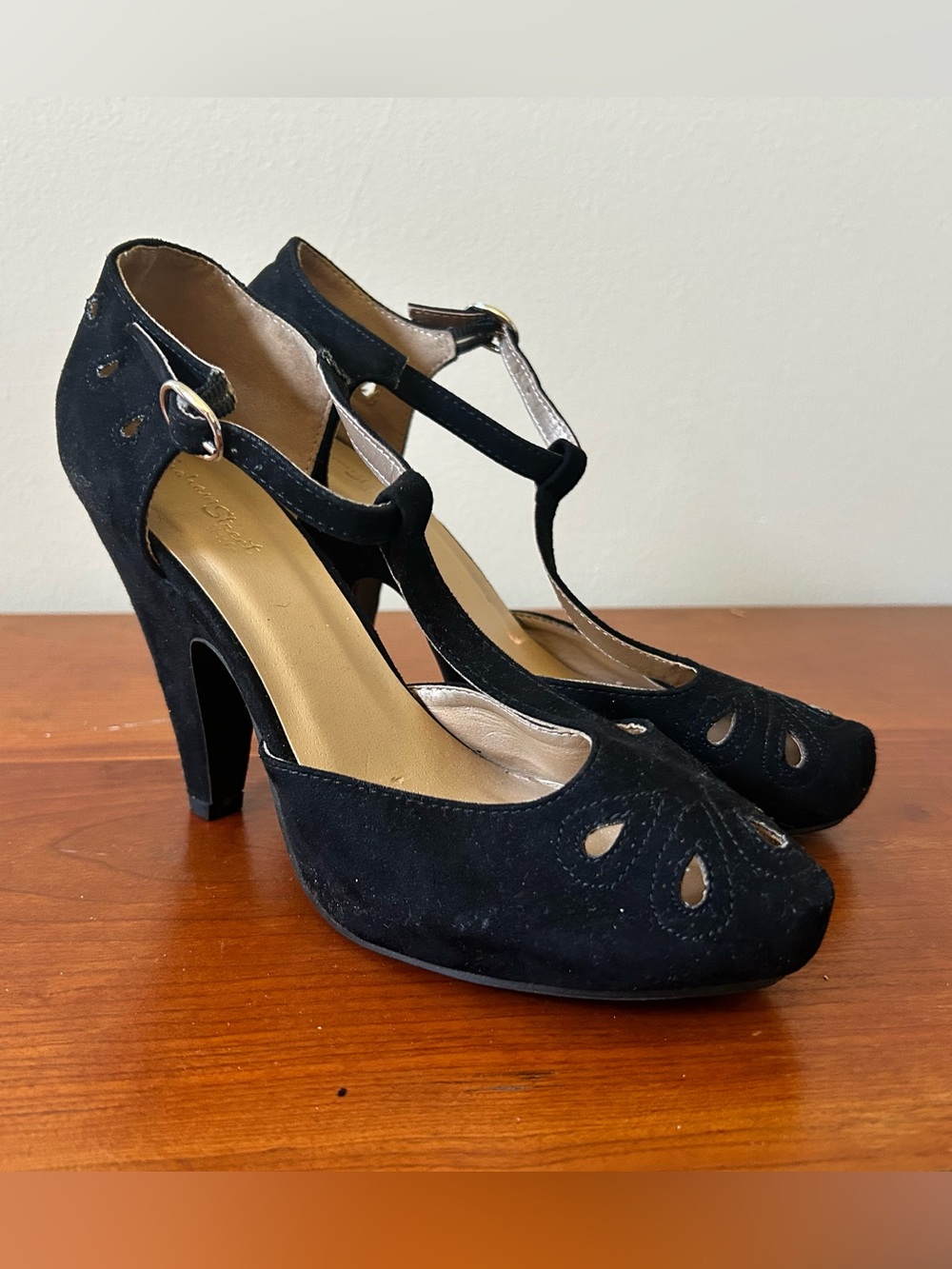 Black Suede T-Strap Heels with Cutout Detail 8M pinup